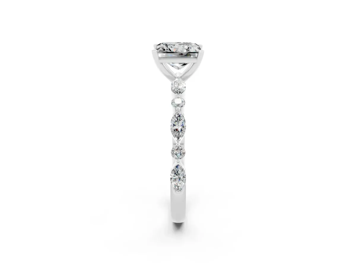 Princess Cut Moissanite Ring with Marquise and Round Side Stones and Four-Prong Setting Silver