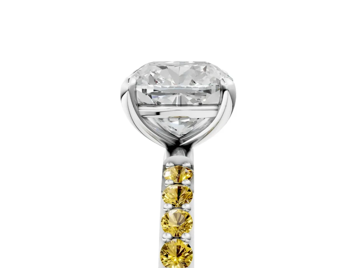 Cushion Cut Diamond Solitaire Ring with Round Yellow Sapphire Pavé Band and Prong Setting Silver