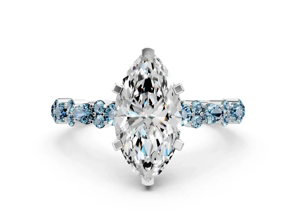 Marquise Cut Diamond Side Stone Solitaire Ring with Round Aquamarine and Four-Prong Setting Platinum