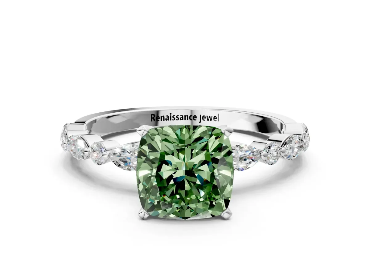 Fancy Green Cushion Cut Diamond Ring with Marquise and Round Side Stones and Four-Prong Setting Silver