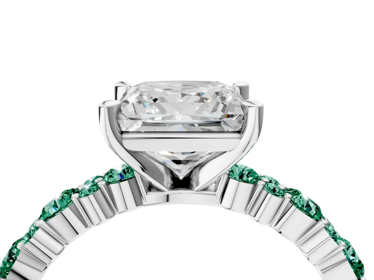 Princess Cut Diamond Side Stone Solitaire Ring with Round Green Sapphire and Four-Prong Setting Platinum