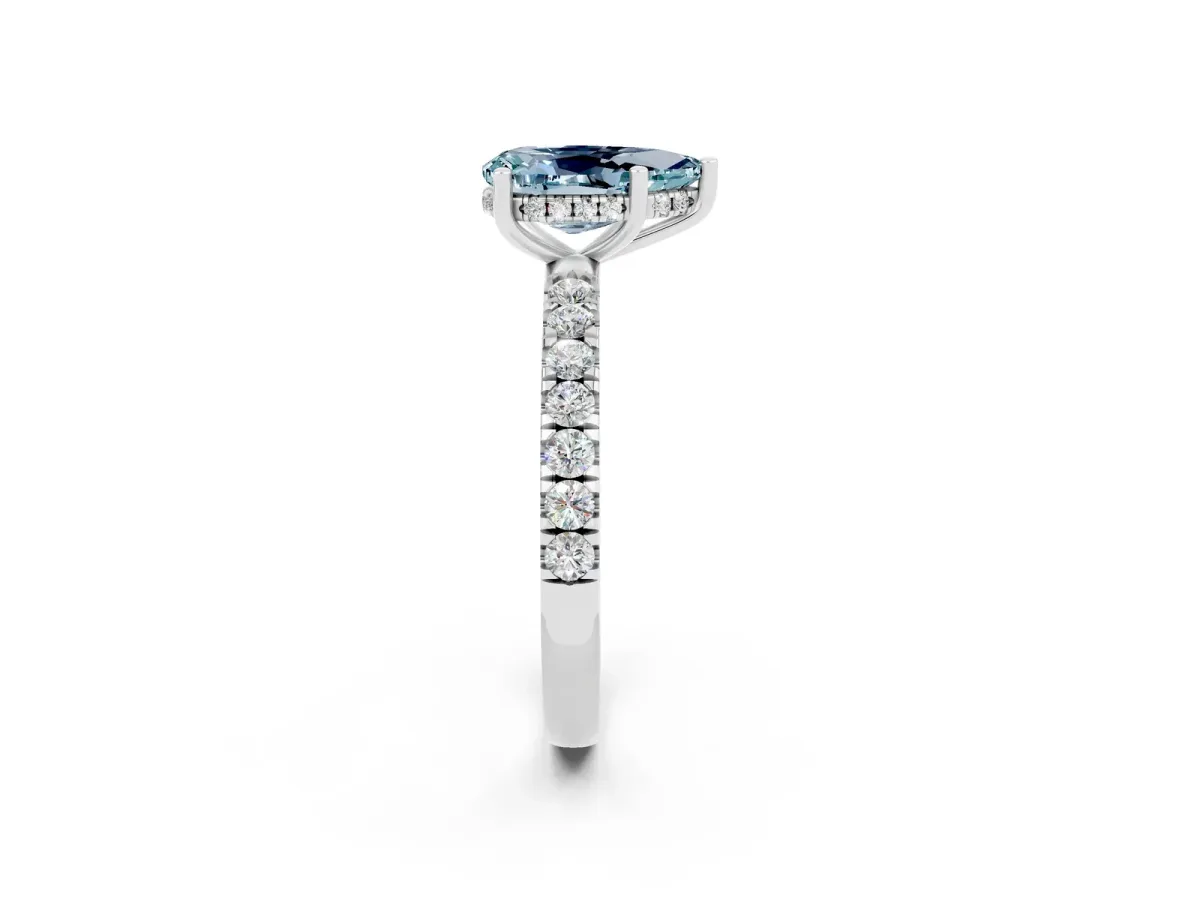Pear Cut Aquamarine Pave Band Solitaire Ring with Round and Prong Setting White gold