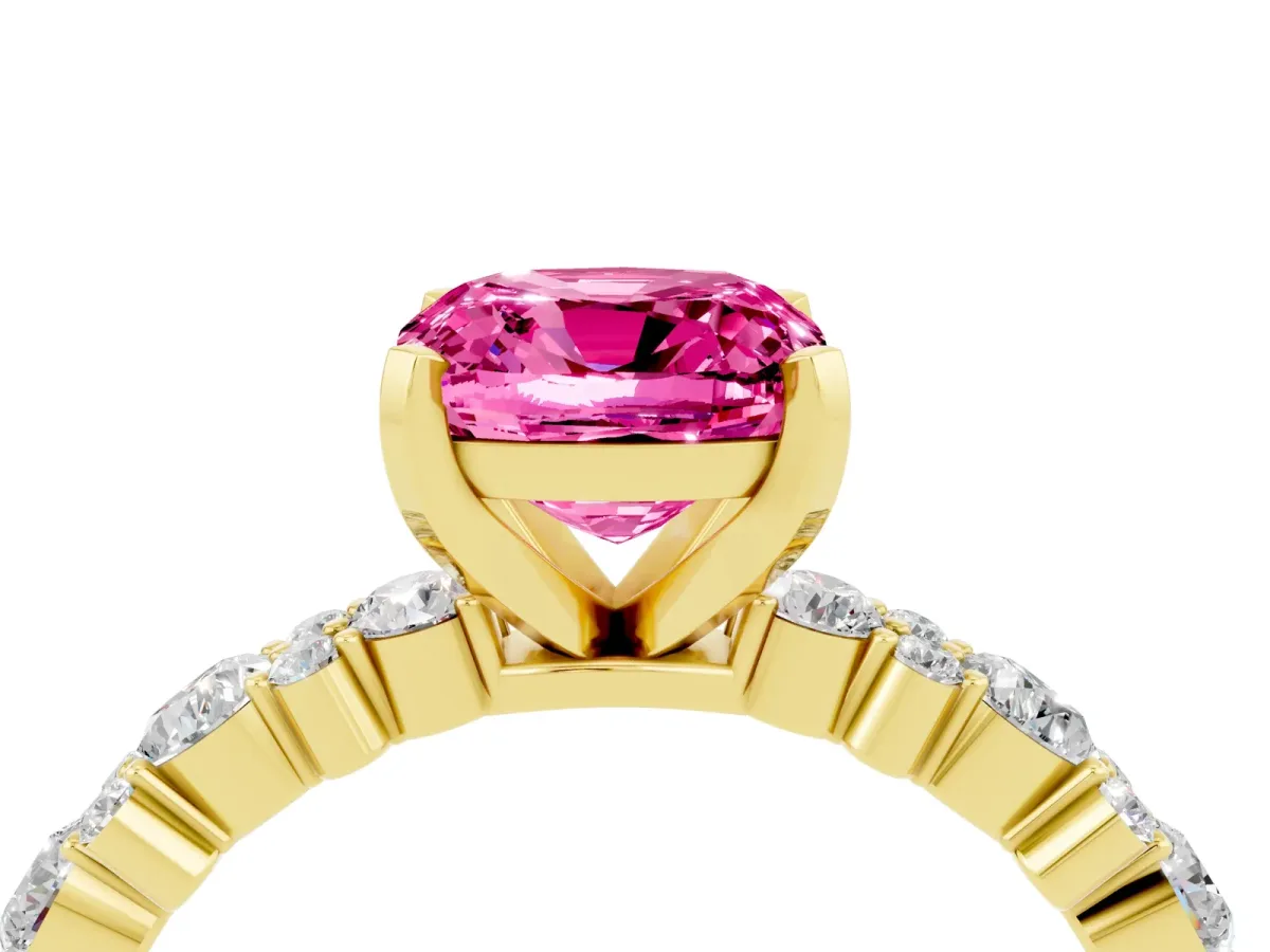 Cushion Cut Pink Sapphire Side Stone Solitaire Ring with Round and Four-Prong Setting Yellow gold