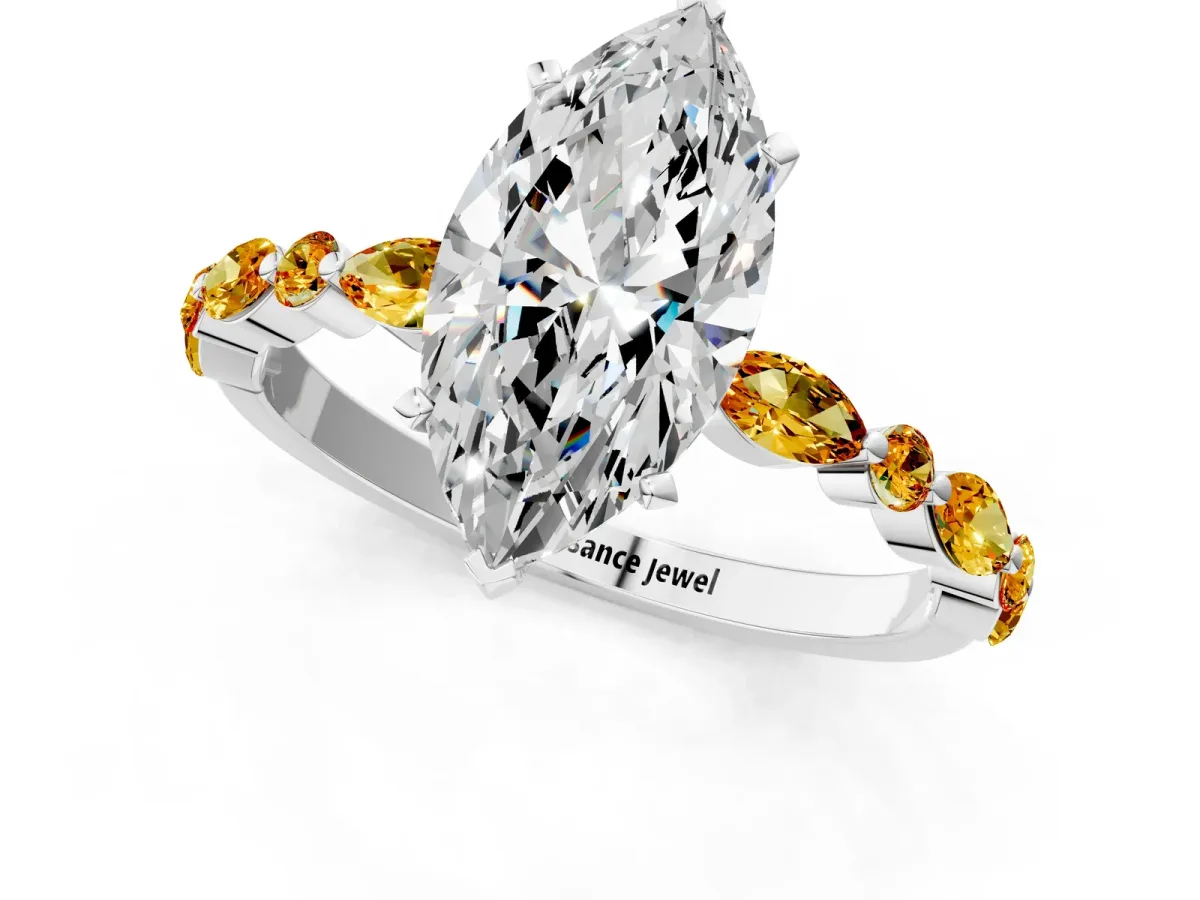 Marquise Cut Diamond Ring with Marquise and Round Citrine Side Stones and Four-Prong Setting Silver