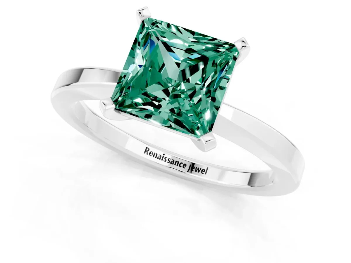 Princess Cut Green Sapphire Solitaire Engagement Ring with Classic Band and Four-Prong Setting Silver