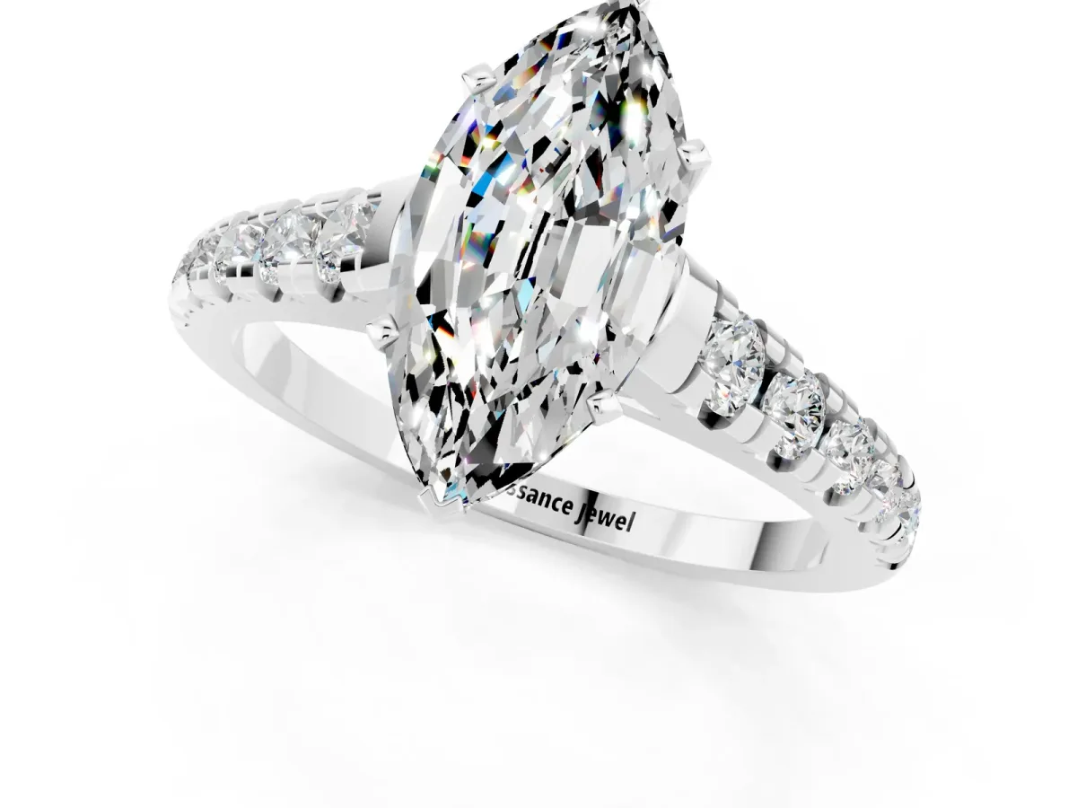 Marquise Cut Moissanite Cathedral Solitaire Ring with Round Pavé Band Platinum