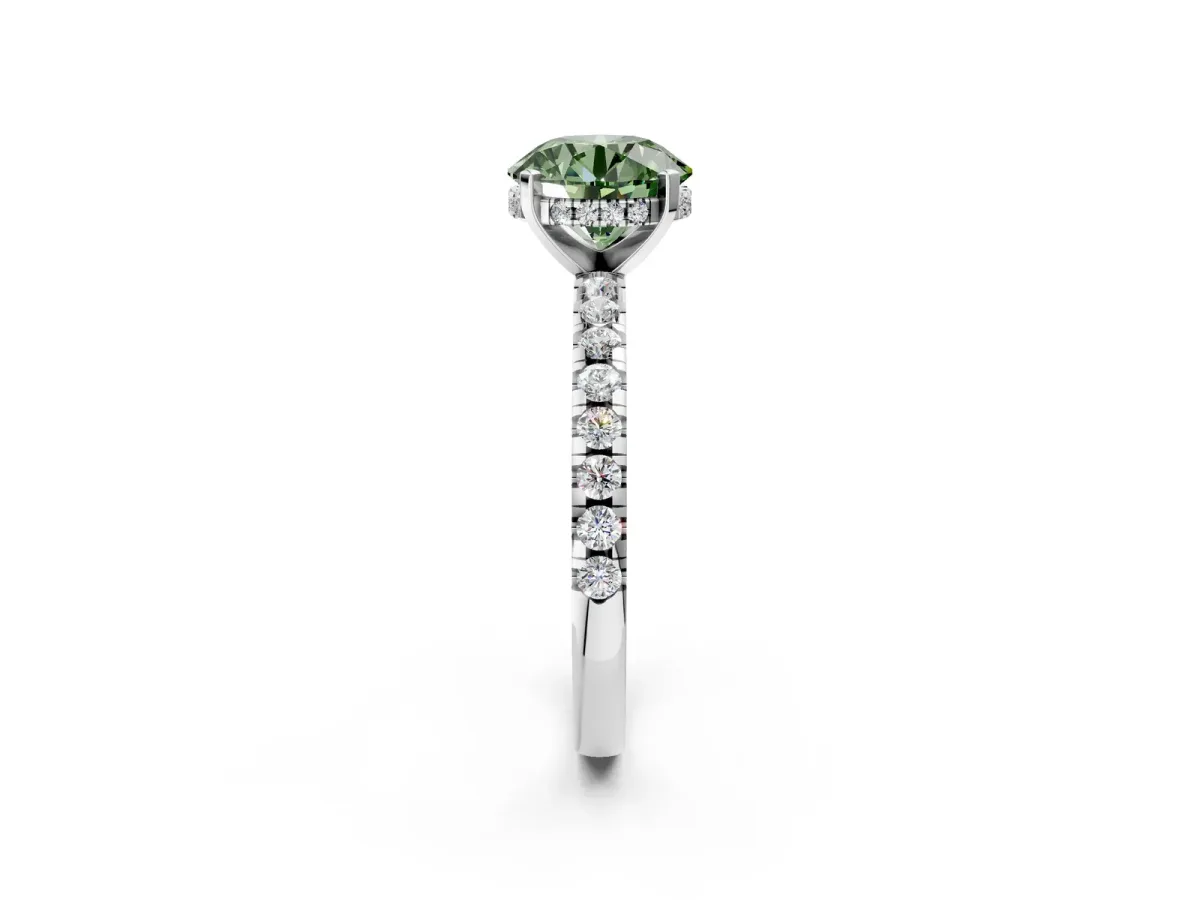 Fancy Green Round Cut Diamond Solitaire Ring with Round Pavé Band and Four-Prong Setting White gold