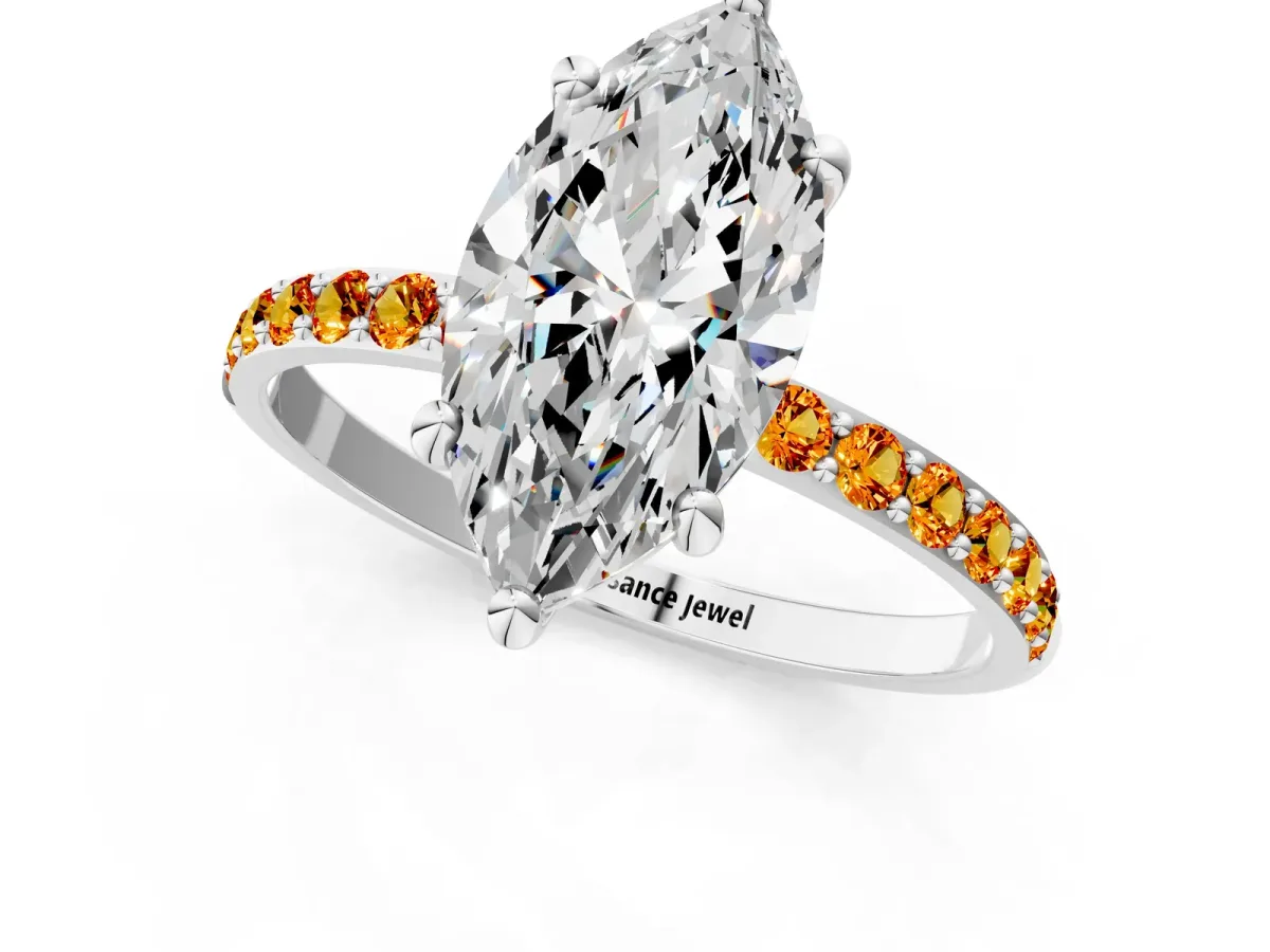 Marquise Cut Diamond Solitaire Ring with Round Citrine Pavé Band and Prong Setting Platinum