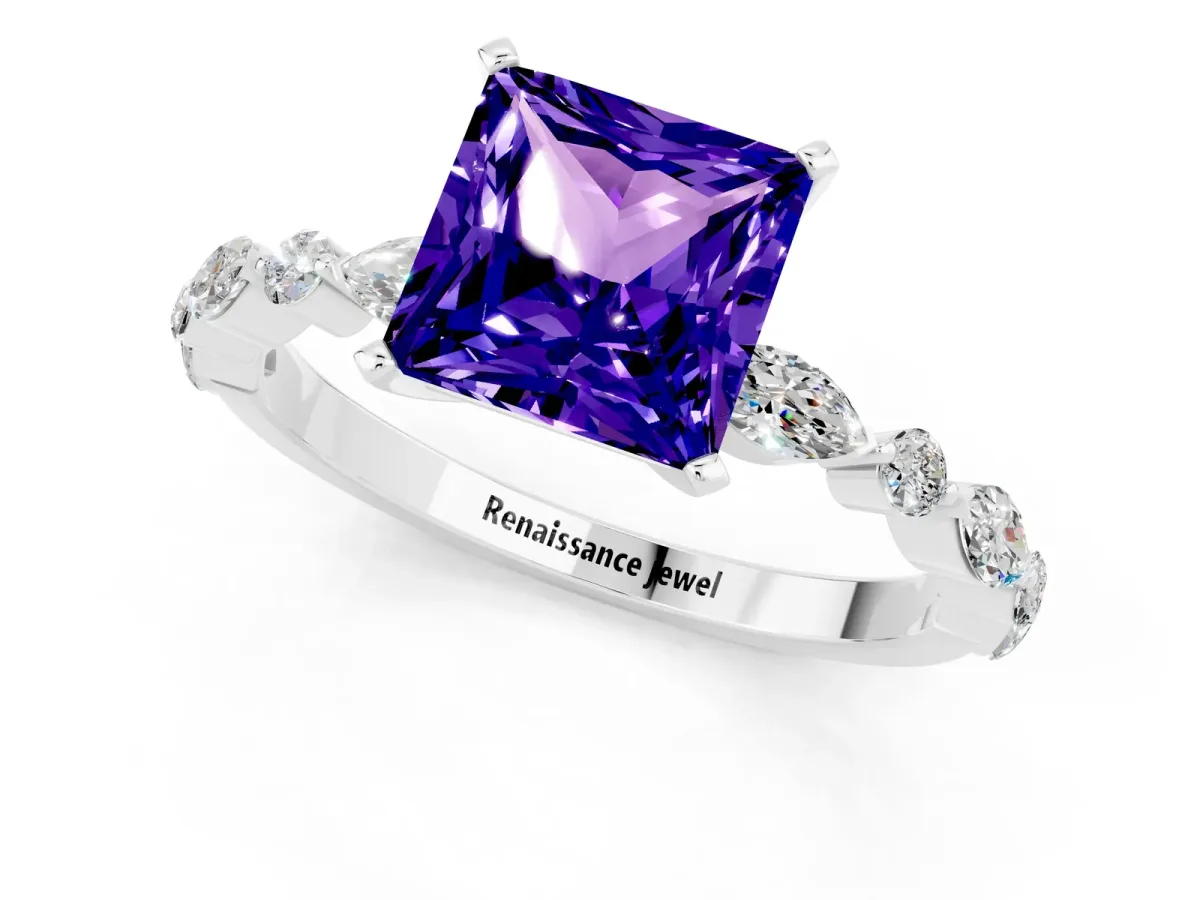 Princess Cut Tanzanite Ring with Marquise and Round Side Stones and Four-Prong Setting Silver