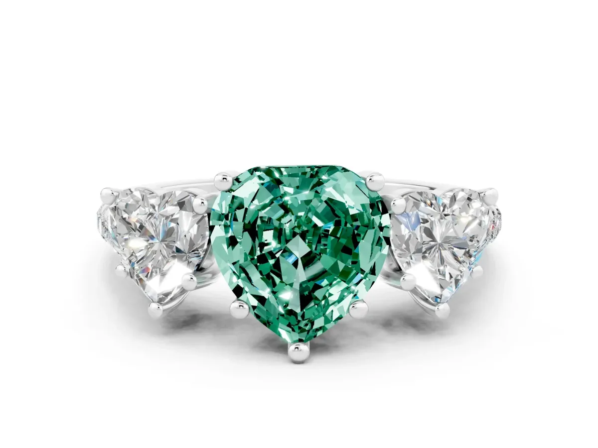 Three-Stone Heart Cut Green Sapphire Ring with Round Pavé Band and Prong Setting Silver