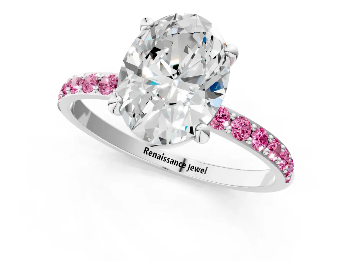 Oval Cut Diamond Solitaire Ring with Round Pink Sapphire Pavé Band and Prong Setting Platinum