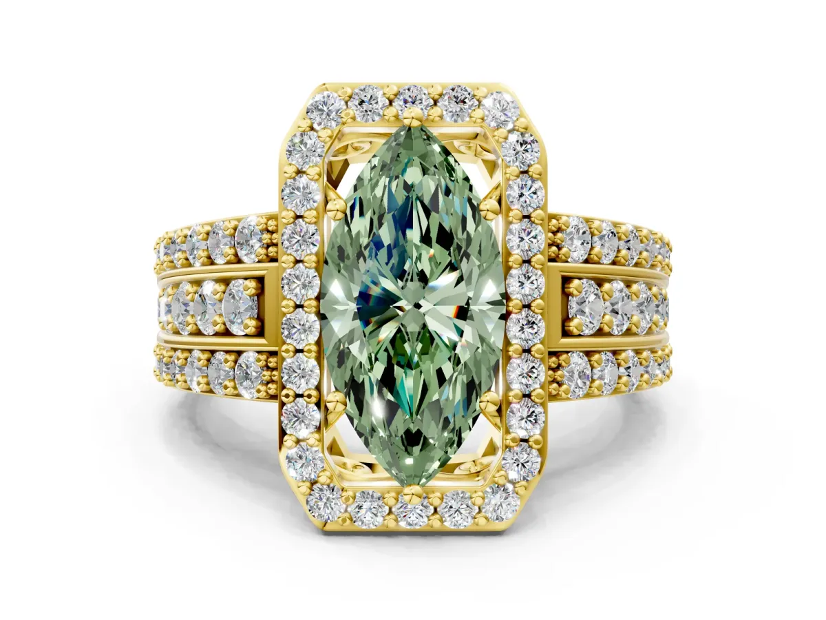Fancy Green Marquise Cut Halo Diamond Ring with Round Split Shank and Prong Setting Yellow gold