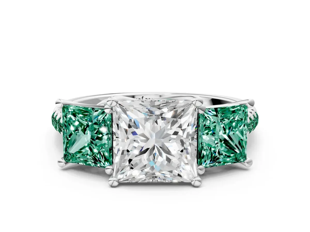 Three-Stone Princess Cut Diamond Ring with Round Green Sapphire Pavé Band and Prong Setting Silver
