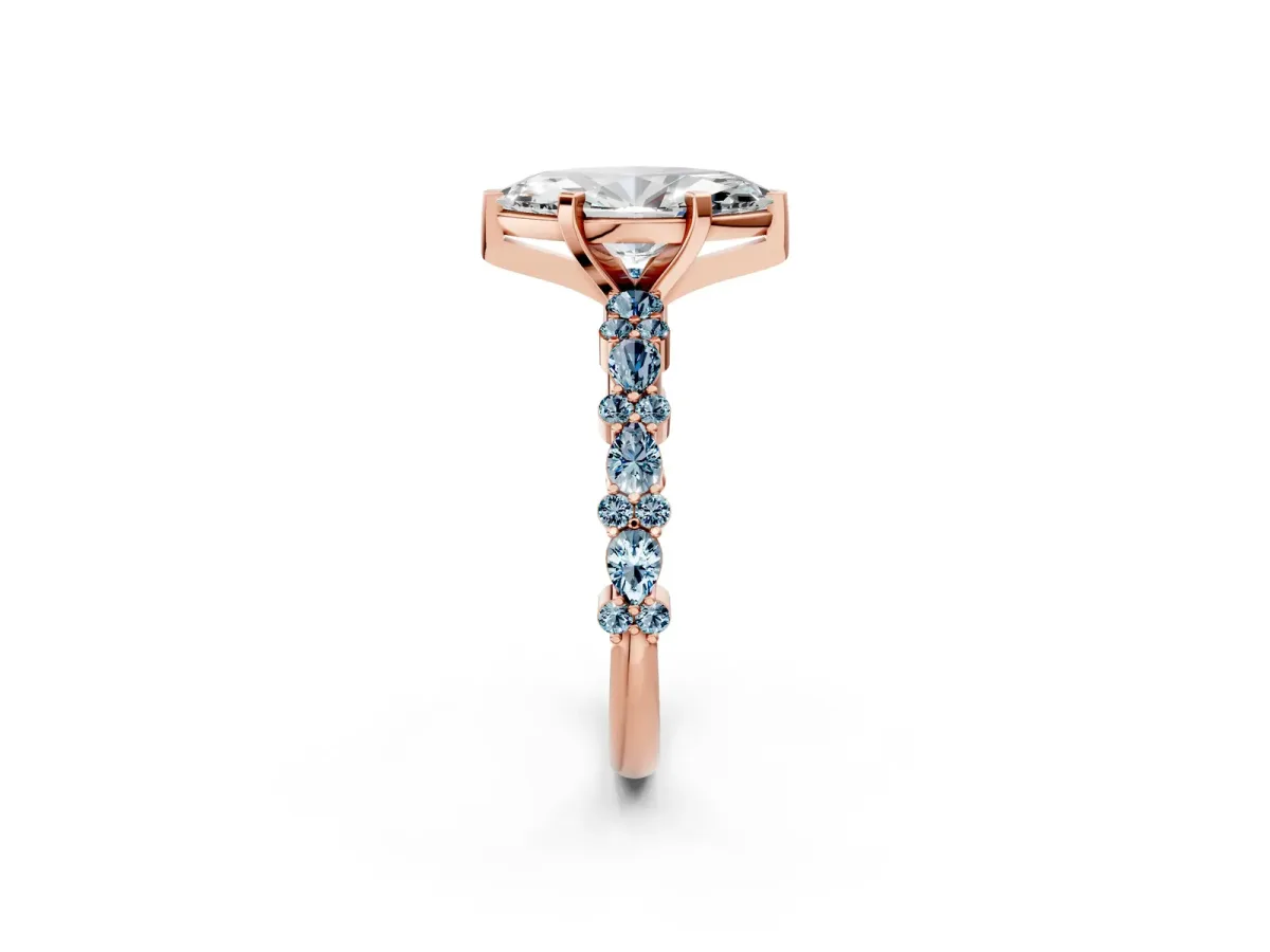 Marquise Cut Diamond Side Stone Solitaire Ring with Round Aquamarine and Four-Prong Setting Rose gold