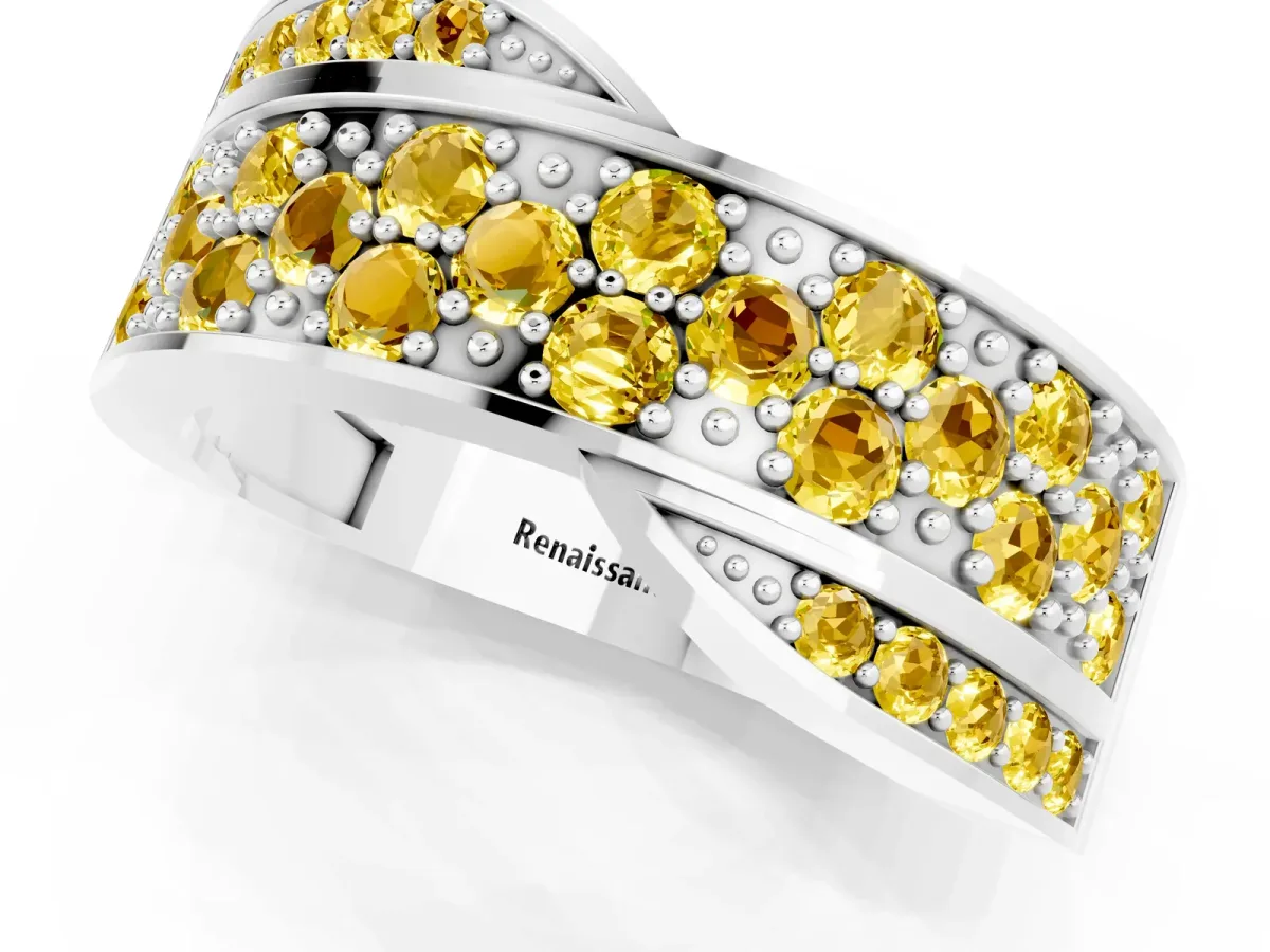 Pavé Round Yellow Sapphire Crossover Band with Bead Prong Setting White gold