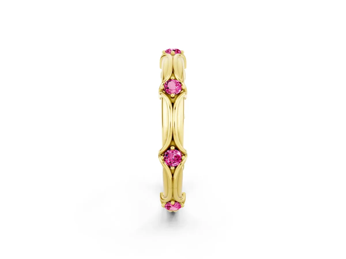 Round Pink Sapphire Prong Set Milgrain Eternity Band Yellow gold