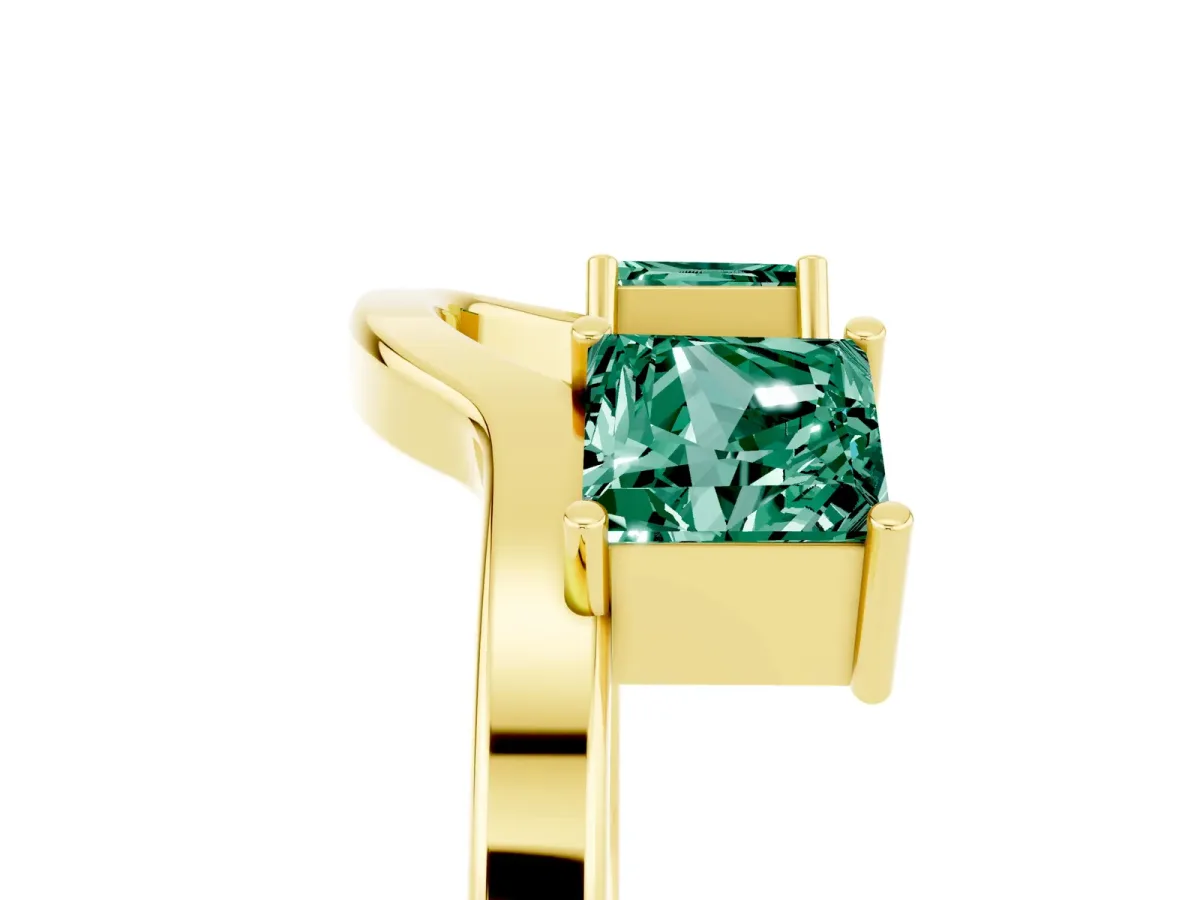 Princess Cut Green Sapphire Two-Stone Open Band Ring with Four-Prong Setting Yellow gold
