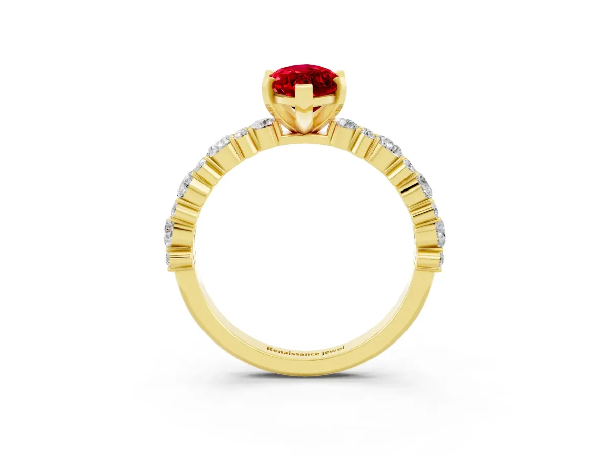 Marquise Cut Ruby Side Stone Solitaire Ring with Round and Four-Prong Setting Yellow gold