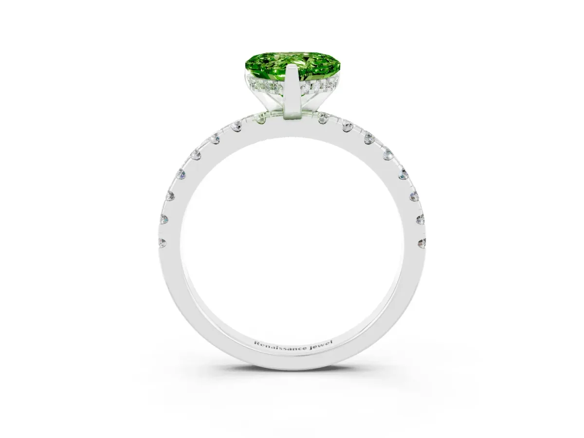 Heart Cut Peridot Solitaire Ring with Round Pavé Band and Four-Prong Setting Platinum