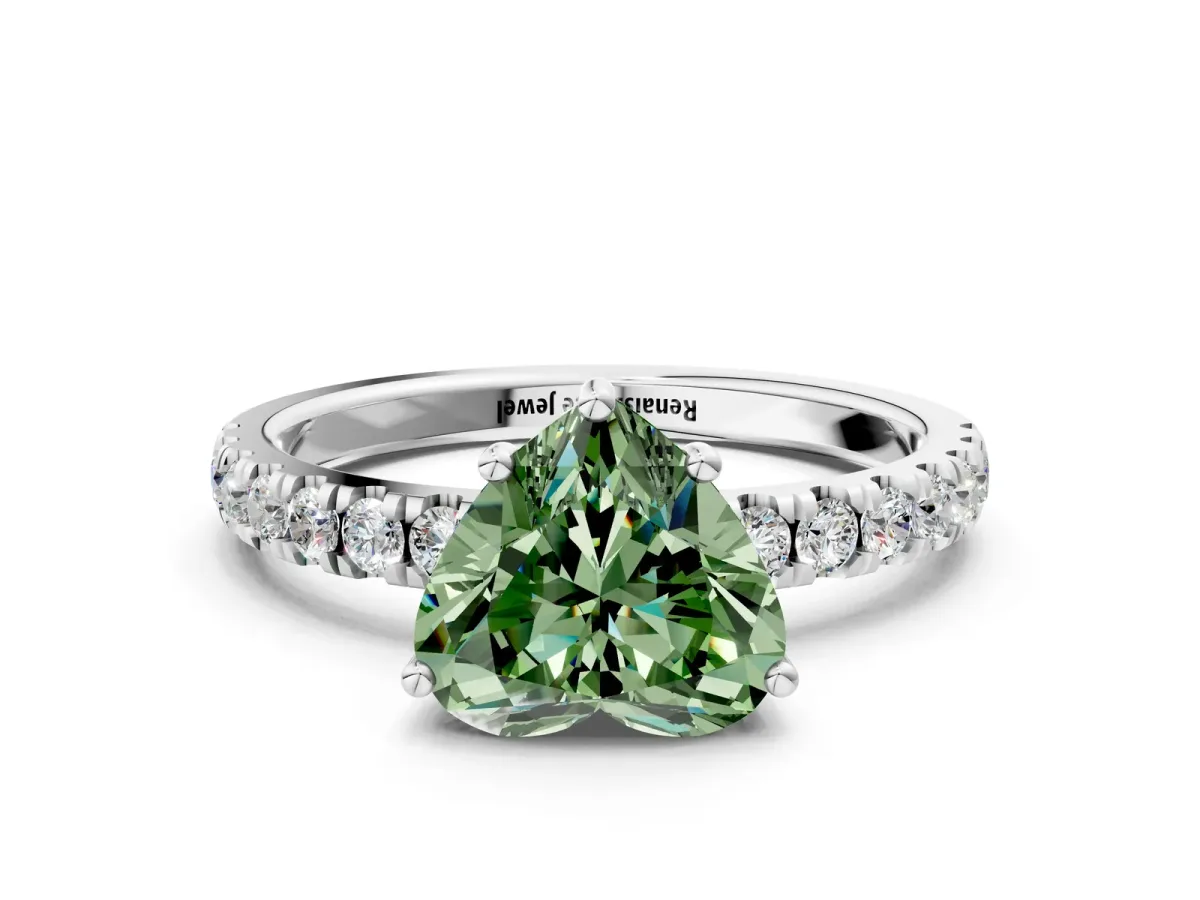 Fancy Green Heart Cut Diamond Pave Band Solitaire Ring with Round and Prong Setting Platinum