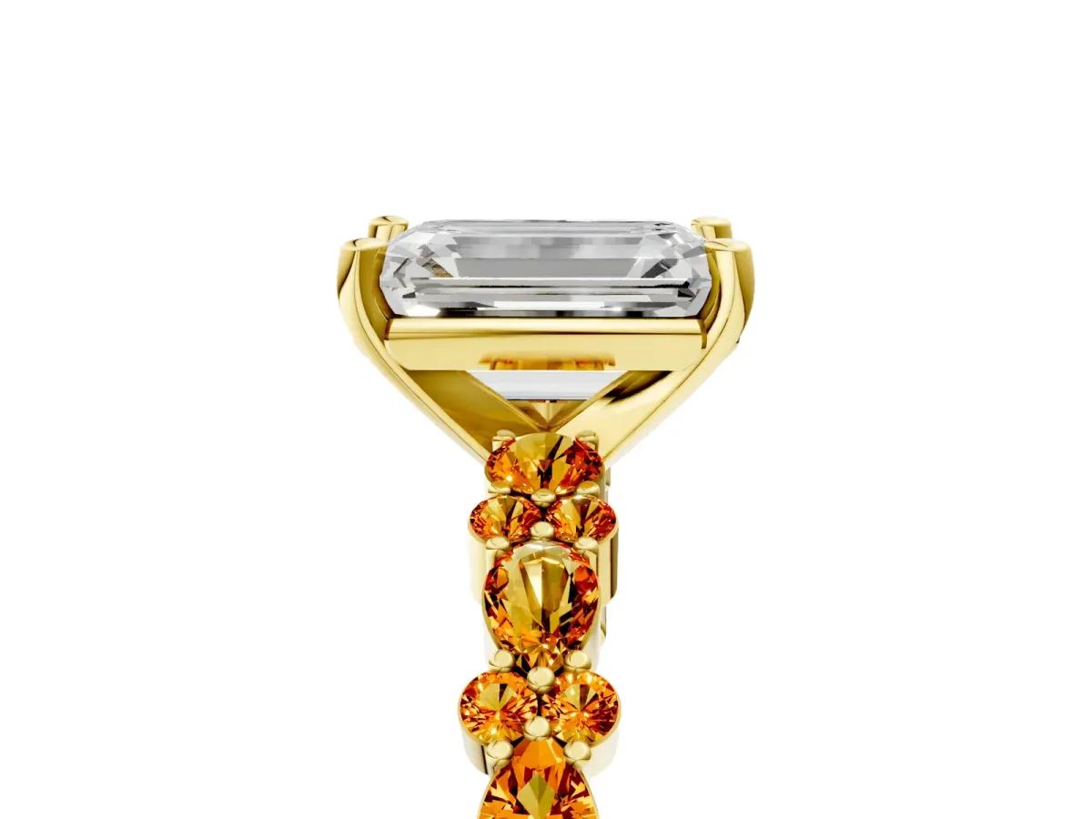 Emerald Cut Diamond Side Stone Solitaire Ring with Round Citrine and Four-Prong Setting Yellow gold