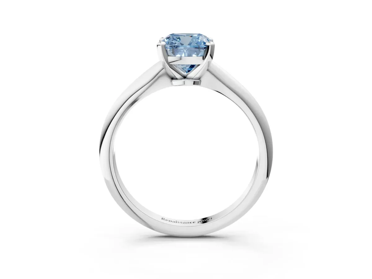 Fancy Blue Cushion Cut Diamond Solitaire Engagement Ring with Classic Band and Four-Prong Setting Silver