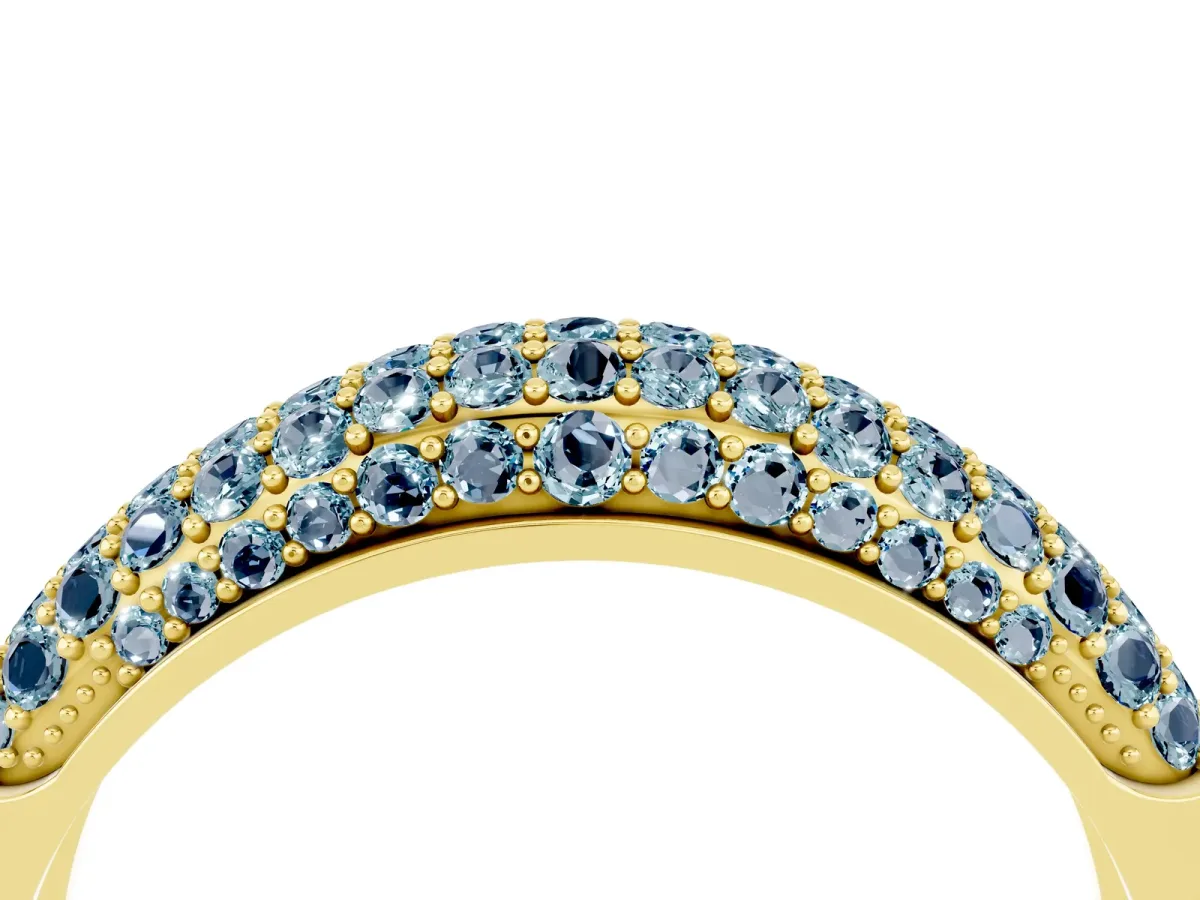 Three-Row Pavé Round Aquamarine Dome Band Yellow gold