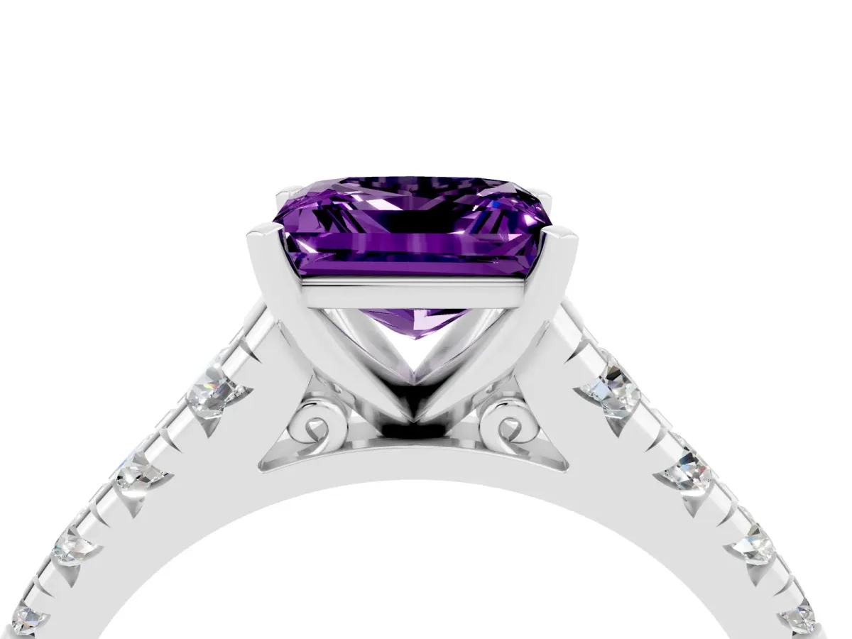 Princess Cut Amethyst Cathedral Solitaire Ring with Round Pavé Band White gold