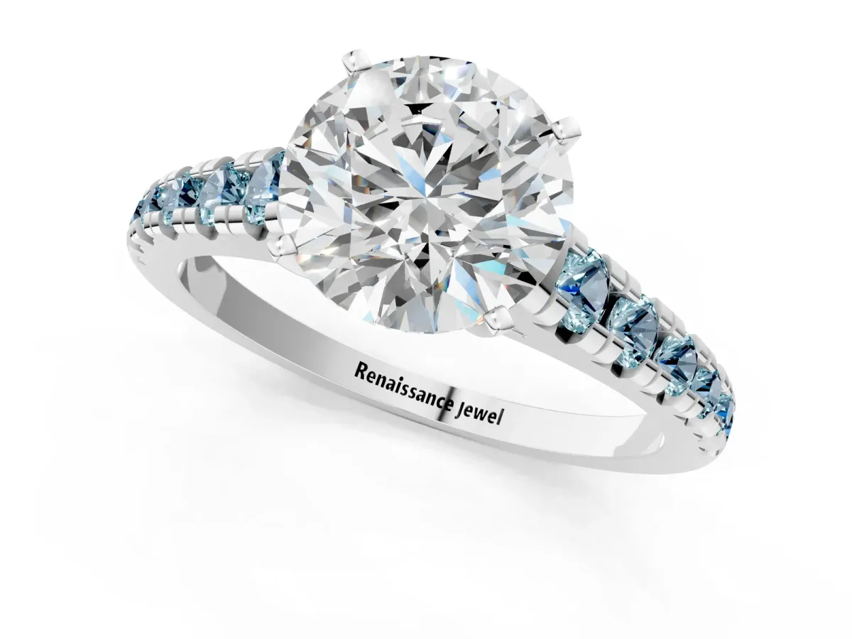 Round Cut Diamond Cathedral Solitaire Ring with Round Aquamarine Pavé Band Platinum