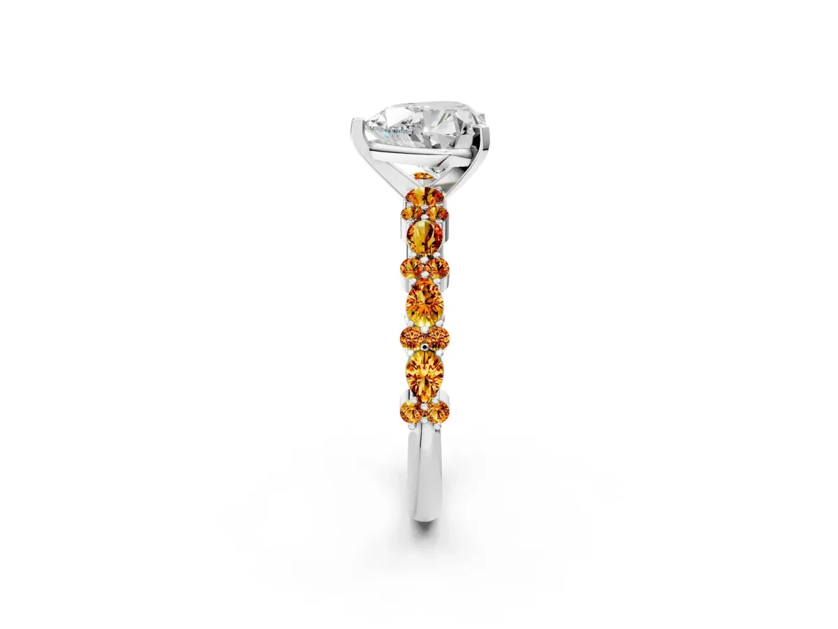 Heart Cut Diamond Side Stone Solitaire Ring with Round Citrine and Four-Prong Setting Platinum