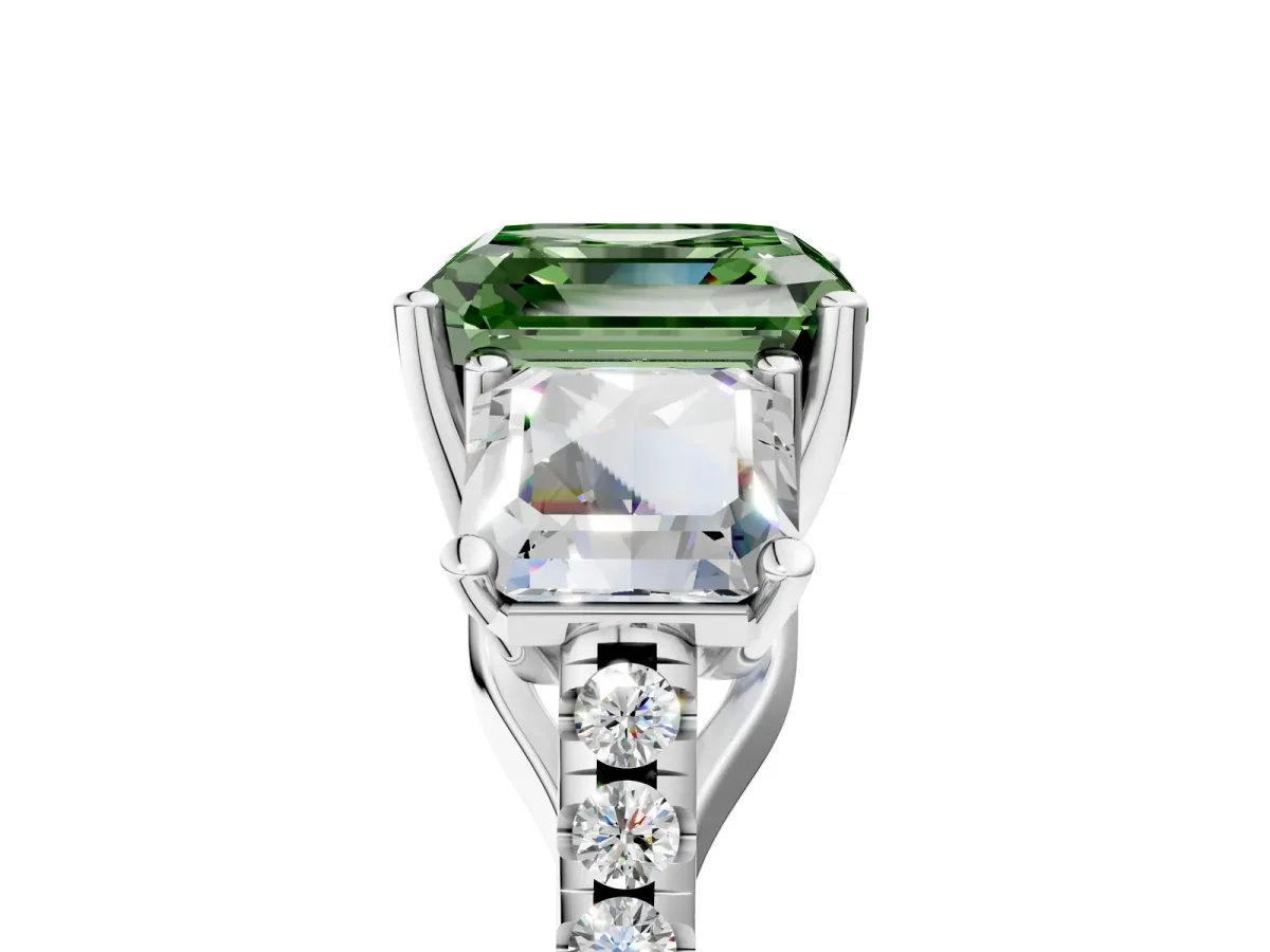 Fancy Green Three-Stone Asscher Cut Diamond Ring with Round Pavé Band and Prong Setting Platinum