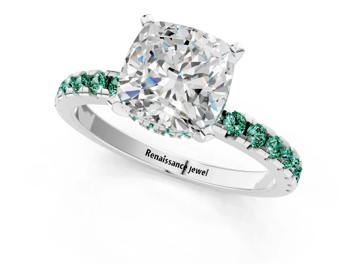 Cushion Cut Diamond Solitaire Ring with Round Green Sapphire Pavé Band and Four-Prong Setting Silver