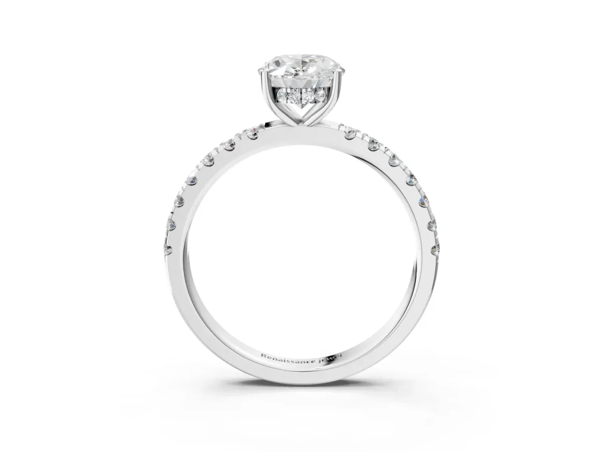 Oval Cut Diamond Pave Band Solitaire Ring with Round Moissanite and Prong Setting White gold