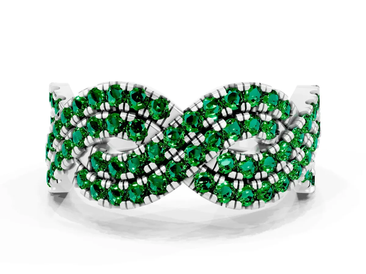 Pavé Round Emerald Infinity Twist Band with Shared Prong Setting White gold