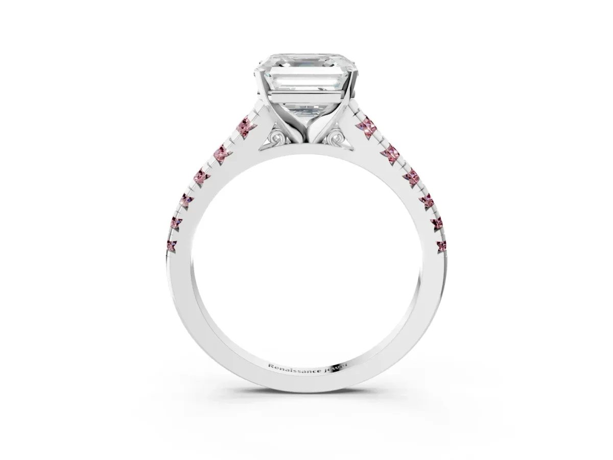 Asscher Cut Diamond Cathedral Solitaire Ring with Round Morganite Pavé Band Silver