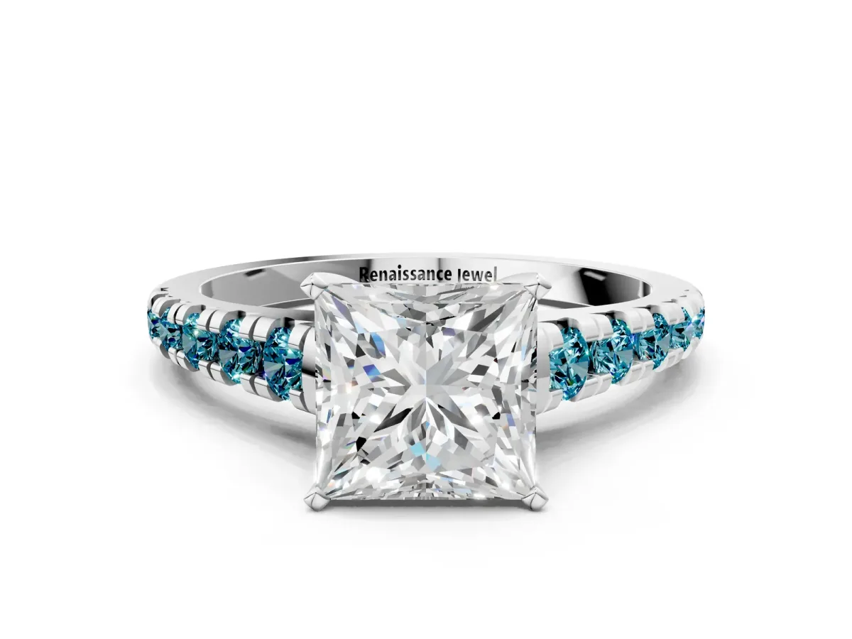 Princess Cut Diamond Cathedral Solitaire Ring with Round Blue Topaz Pavé Band Silver