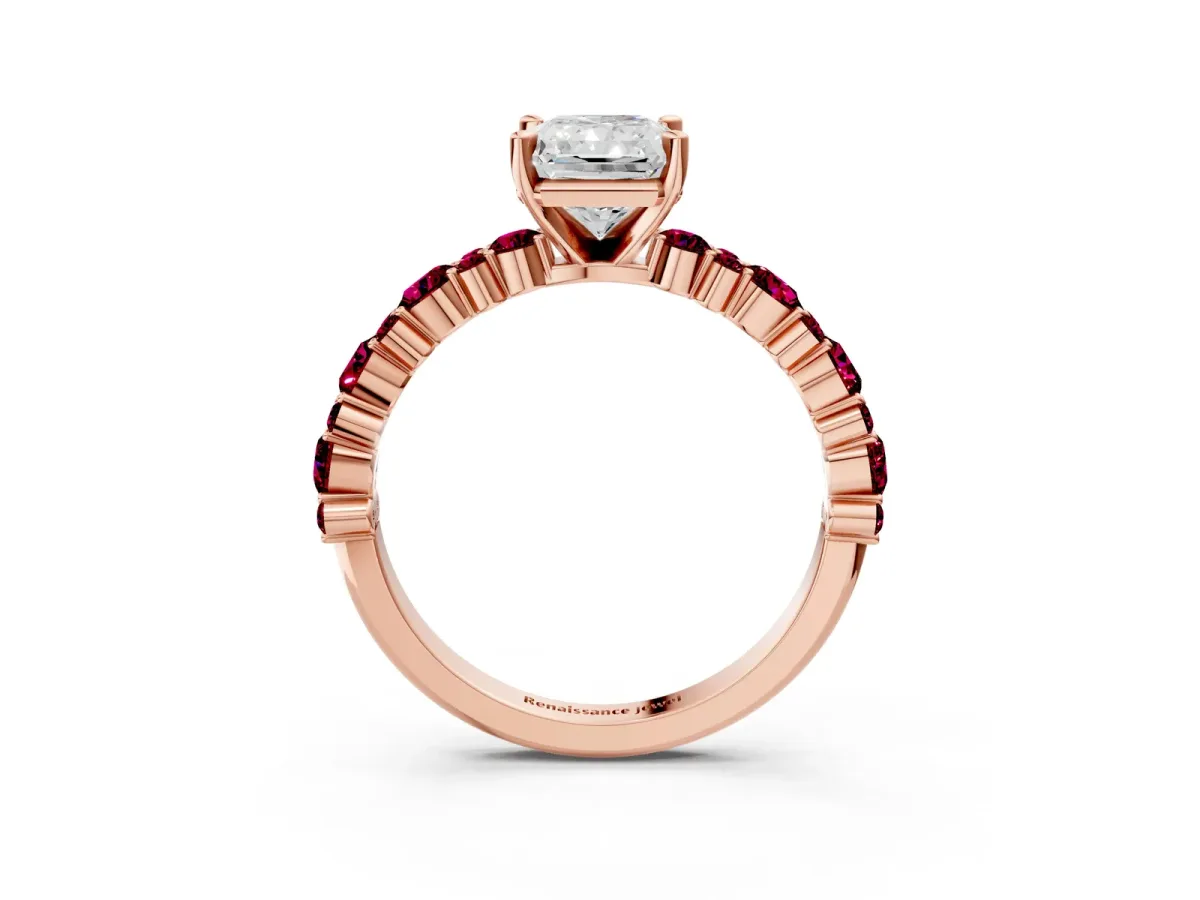 Radiant Cut Diamond Side Stone Solitaire Ring with Round Garnet and Four-Prong Setting Rose gold
