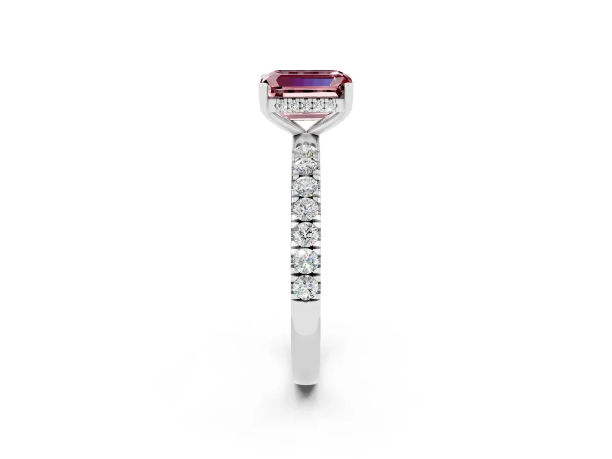 Emerald Cut Morganite Pave Band Solitaire Ring with Round and Prong Setting Platinum
