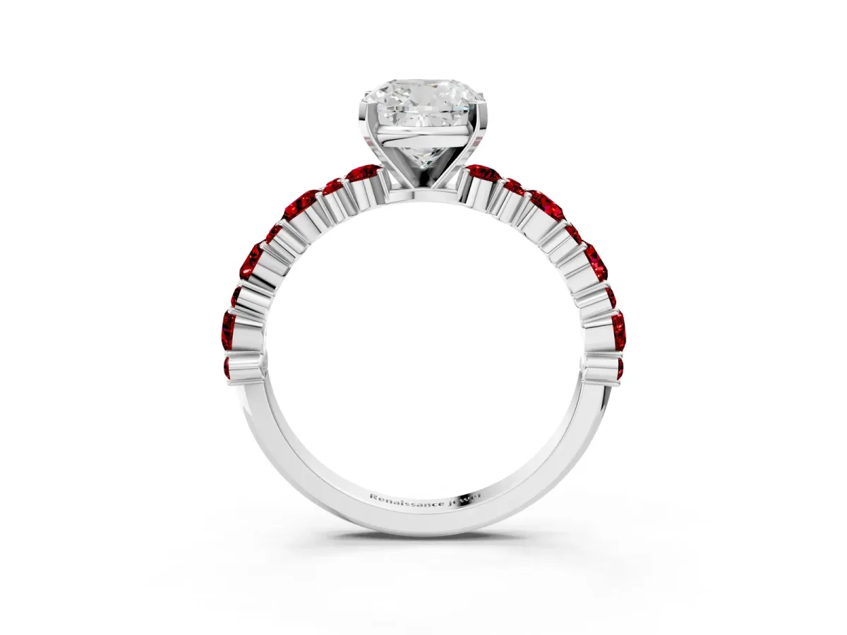 Cushion Cut Diamond Side Stone Solitaire Ring with Round Ruby and Four-Prong Setting Silver