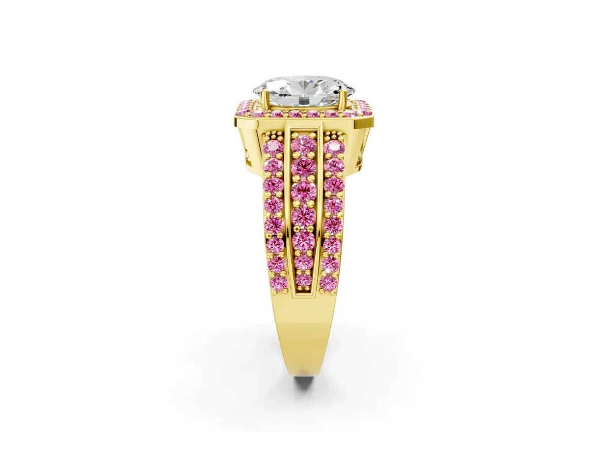Oval Cut Halo Diamond Ring with Round Pink Sapphire Split Shank and Prong Setting Yellow gold