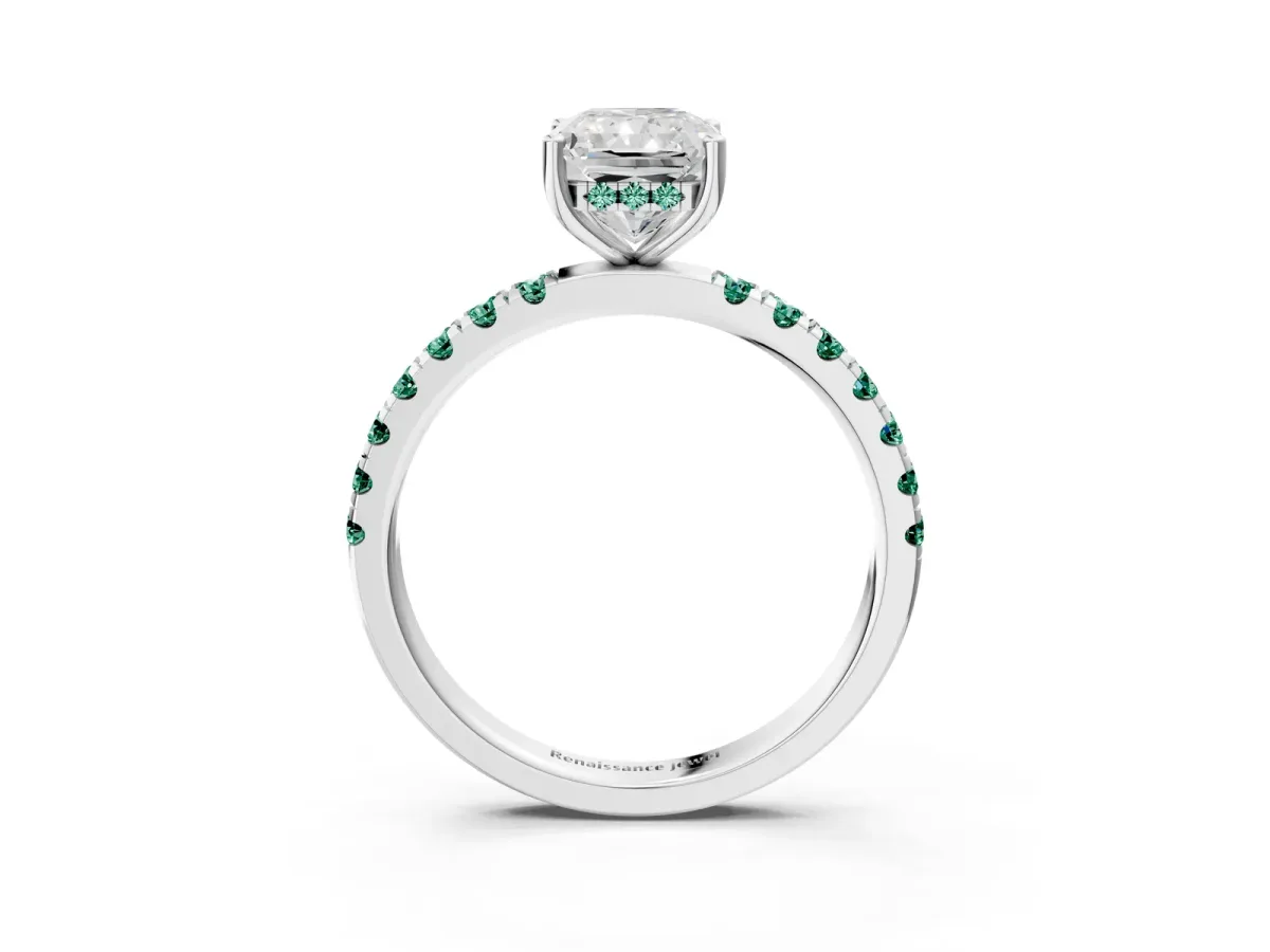 Radiant Cut Diamond Pave Band Solitaire Ring with Round Green Sapphire and Prong Setting Silver