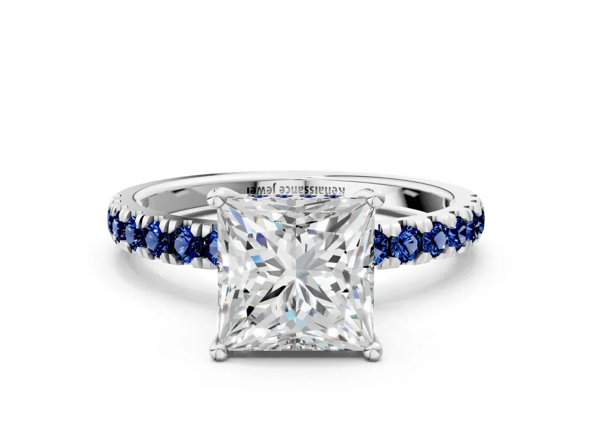 Princess Cut Diamond Pave Band Solitaire Ring with Round Blue Sapphire and Prong Setting Platinum