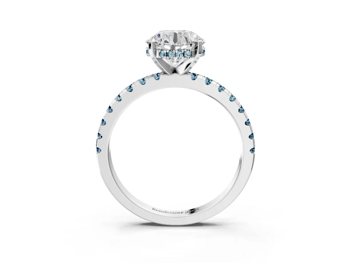 Round Cut Diamond Solitaire Ring with Round Aquamarine Pavé Band and Four-Prong Setting Silver