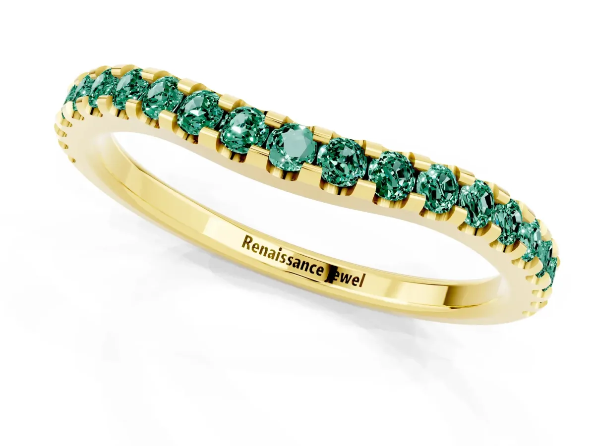 Round Green Sapphire Pavé Curved Wedding Band Yellow gold