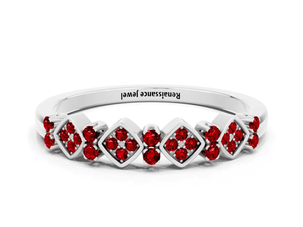 Pavé Cushion Ruby Cluster Eternity Band with Prong Setting Silver