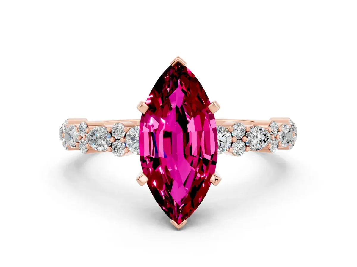 Marquise Cut Garnet Side Stone Solitaire Ring with Round and Four-Prong Setting Rose gold