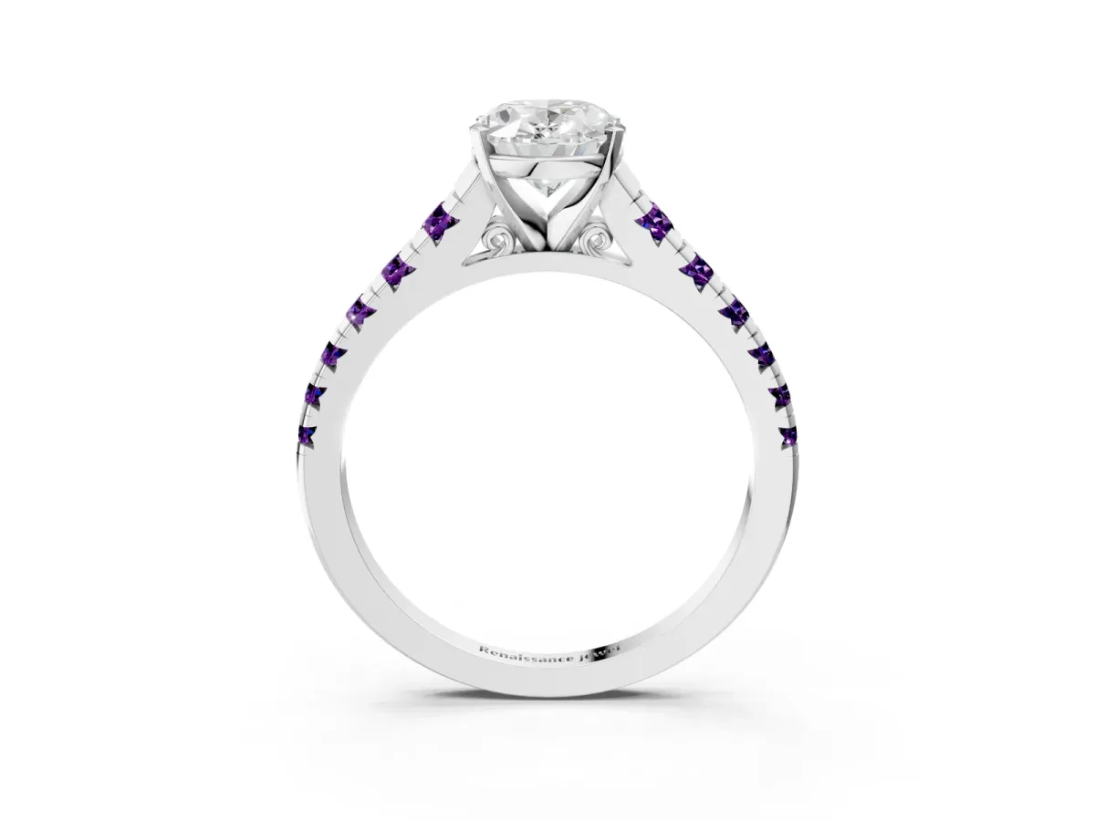 Oval Cut Diamond Cathedral Solitaire Ring with Round Amethyst Pavé Band White gold