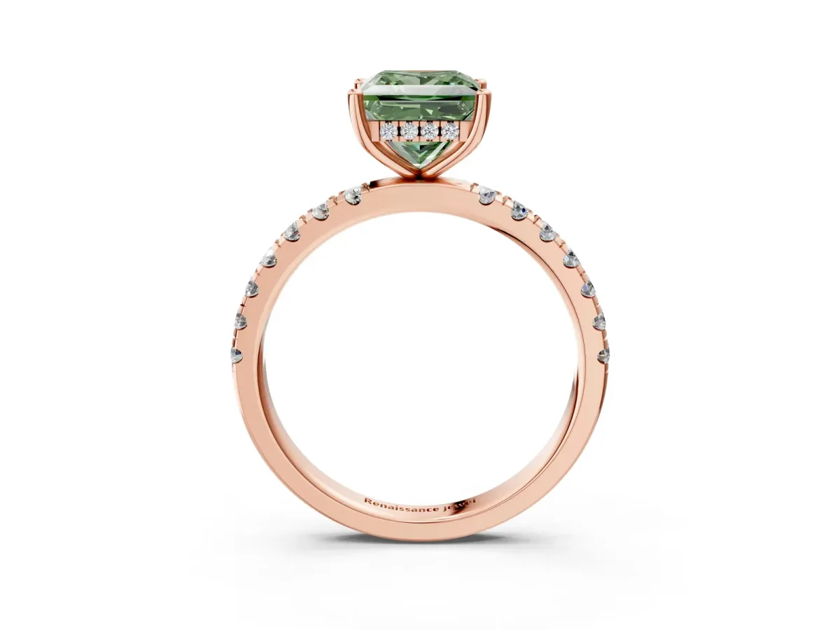 Fancy Green Princess Cut Diamond Pave Band Solitaire Ring with Round and Prong Setting Rose gold