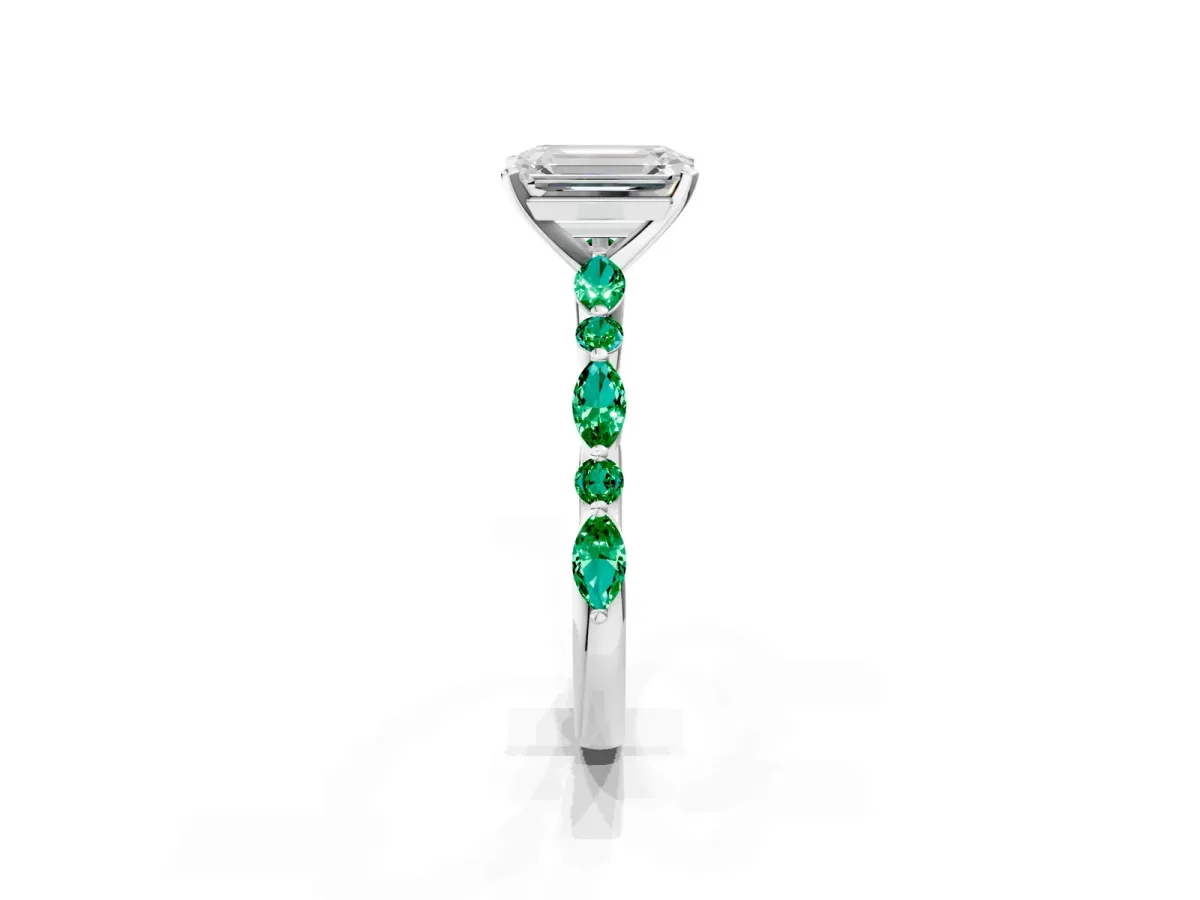 Emerald Cut Diamond Ring with Marquise and Round Emerald Side Stones and Four-Prong Setting Silver