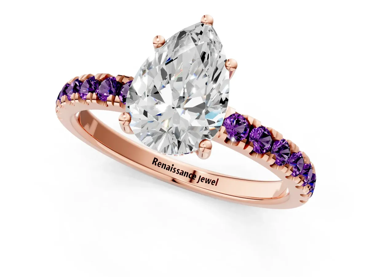 Pear Cut Diamond Pave Band Solitaire Ring with Round Amethyst and Prong Setting Rose gold